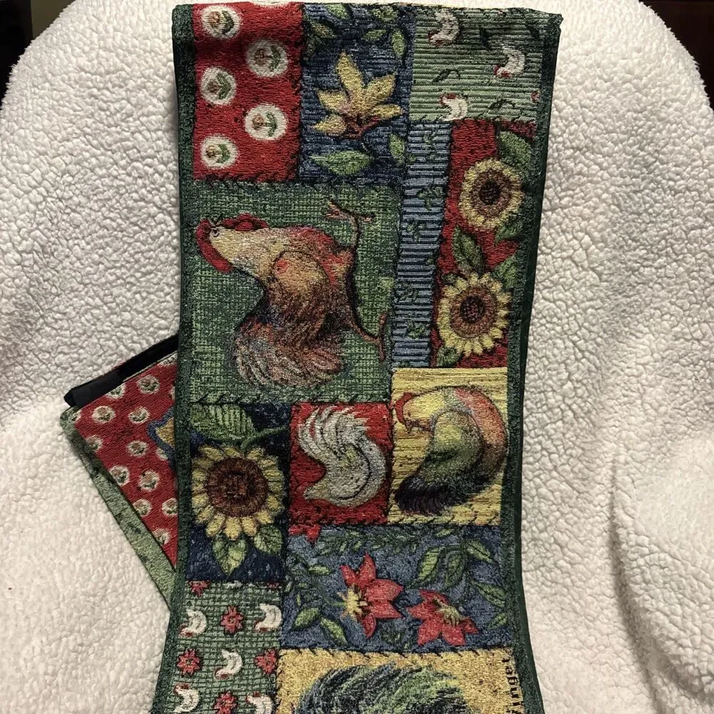 Vintage Susan Winget Rooster Tapestry Wall Hanging & Table Runner Set Sunflowers